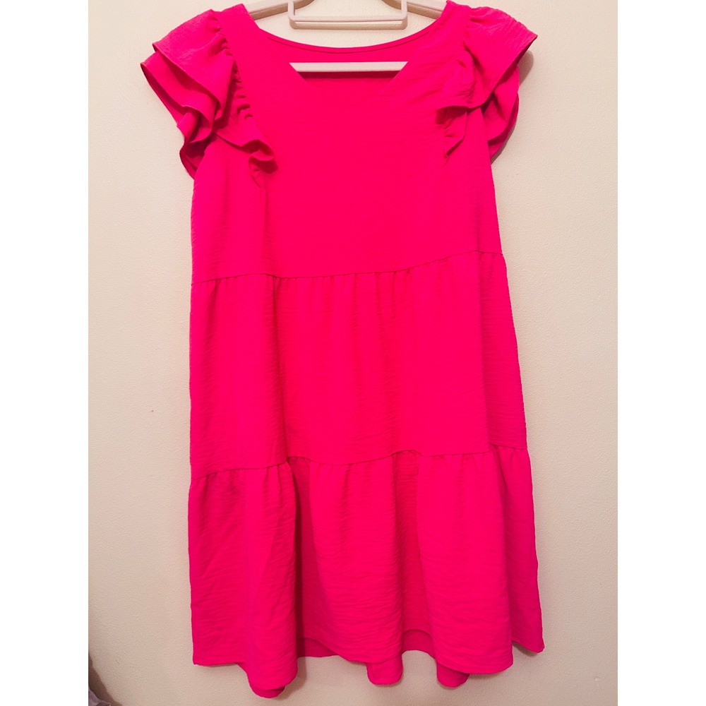 SHEIN Tiered Babydoll Dress Women Large Rose Red Excellent Ruffle Sleeve V-Neck